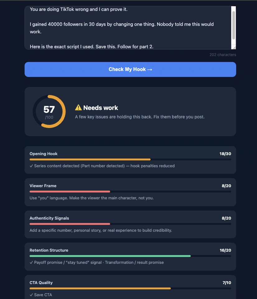TikTok strong hook scoring 57 out of 100 on HookChecked — conflict-first opener with viewer framing and CTA