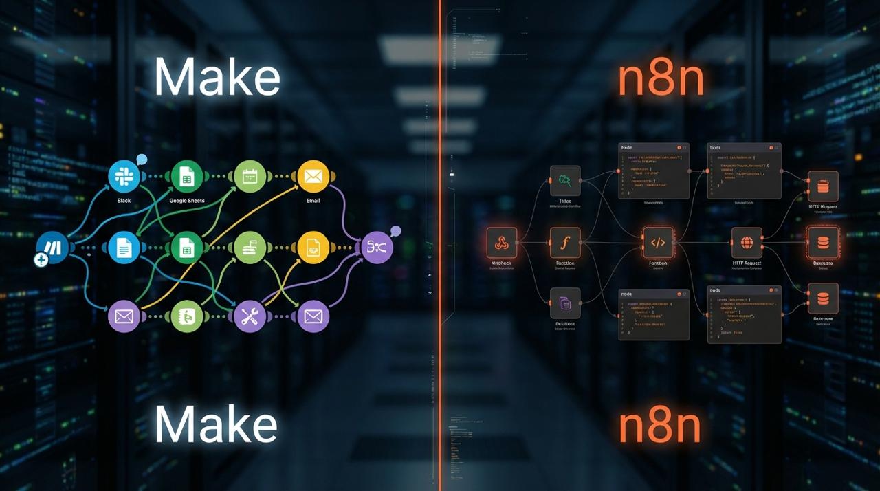 Make vs n8n comparison for marketing agencies — side by side workflow diagram